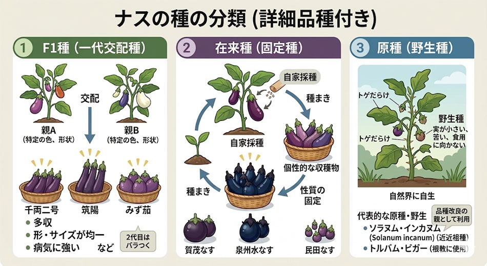 ナスの種の分類 F1種・在来種（固定種）・原種（野生種）の違い